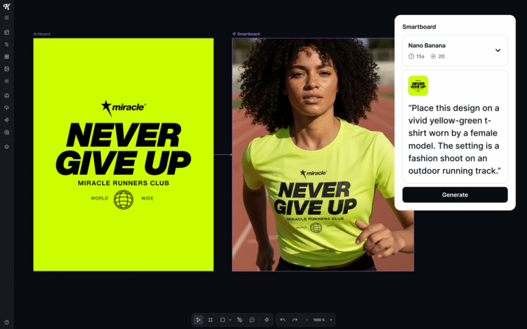 Female runner wearing a vivid yellow-green T-shirt with bold “Never Give Up” text design, photographed on an outdoor track, sportswear mockup created with Kittl.