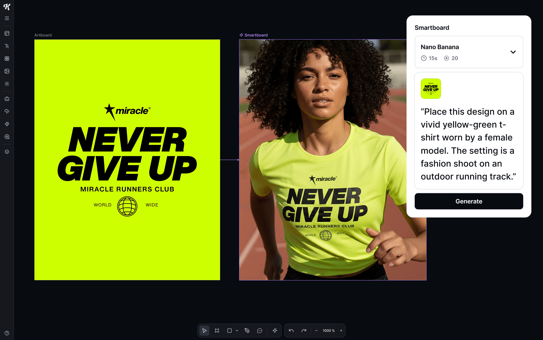 Female runner wearing a vivid yellow-green T-shirt with bold “Never Give Up” text design, photographed on an outdoor track, sportswear mockup created with Kittl.