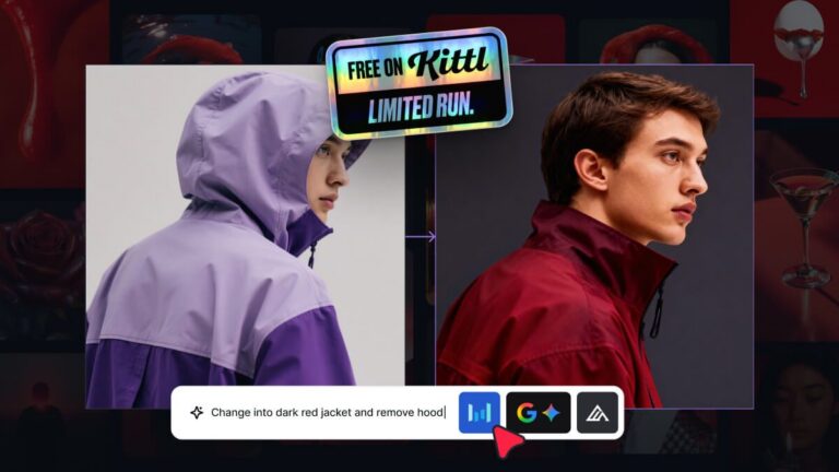 Side-by-side image of a person’s purple hooded jacket transformed into a dark red jacket without a hood, showcasing AI editing capabilities with Kittl.