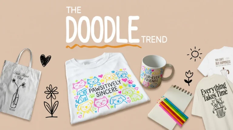 Doodle art made by Kittl, printed mockups on t-shirt totebags and mugs